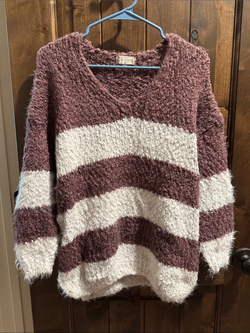 Altar'd State Dusty Mauve and Cream Striped V-Neck Sweater